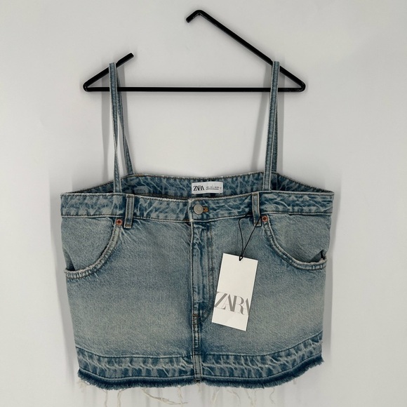 Zara Denim Skirt Effect Spaghetti Strap Jean Boxy Crop Top - Picture 1 of 6